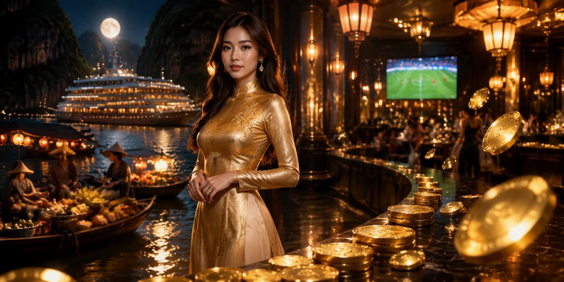 Cô gái mặc áo dài tại Hạ Long Bay xem thông tin cá cược thể thao trên điện thoại